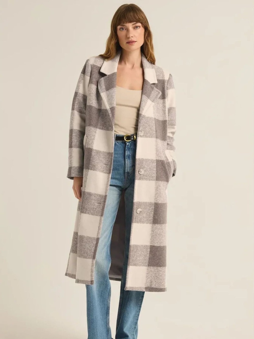 Z Supply Conway Buffalo Plaid Long Coat Slate Gray Cream Size Small